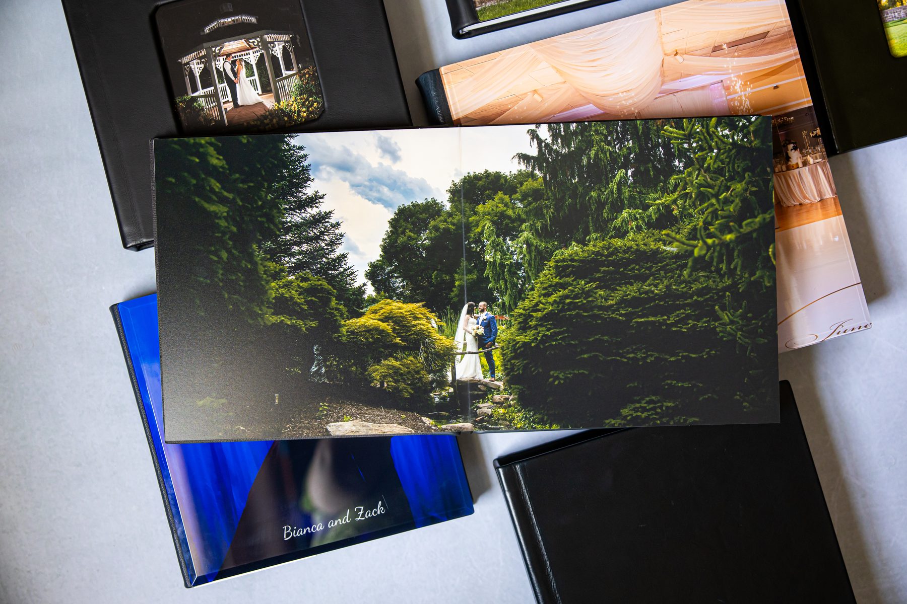 Wedding album portrait spread open